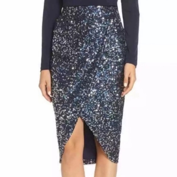 Blue sequin skirt faux wrap pencil - Picture 3 of 6